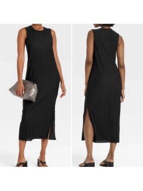 A New Day Black Sleeveless Plisse Knit Accordion Style Pleated Maxi Dress